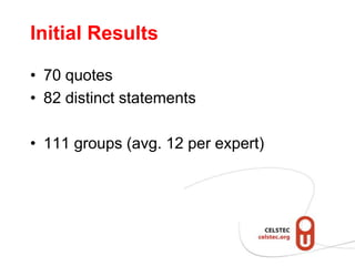 Initial Results

• 70 quotes
• 82 distinct statements

• 111 groups (avg. 12 per expert)
 