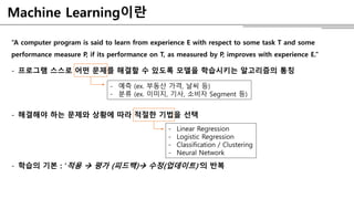 Machine Learning이란
“A computer program is said to learn from experience E with respect to some task T and some
performance measure P, if its performance on T, as measured by P, improves with experience E.”
- 프로그램 스스로 어떤 문제를 해결할 수 있도록 모델을 학습시키는 알고리즘의 통칭
- 해결해야 하는 문제와 상황에 따라 적절한 기법을 선택
- 학습의 기본 : ‘적용  평가 (피드백) 수정(업데이트)’의 반복
- 예측 (ex. 부동산 가격, 날씨 등)
- 분류 (ex. 이미지, 기사, 소비자 Segment 등)
- Linear Regression
- Logistic Regression
- Classification / Clustering
- Neural Network
 