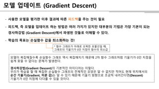 모델 업데이트 (Gradient Descent)
- 사용한 모델을 평가한 이후 결과에 따른 피드백을 주는 것이 필요
- 피드백, 즉 모델을 업데이트 하는 방법은 여러 가지가 있지만 대부분의 기법은 가장 기본이 되는
경사하강법 (Gradient Descent)에서 파생된 것들로 이해할 수 있다.
- 학습의 목표는 손실함수 값을 최소화하는 것!
* 함수 그래프가 아래로 오목한 포물선일 때,
그래프의 기울기가 0인 지점이 함수의 최소값
모델이 복잡해질수록 손실함수 그래프 역시 복잡해지기 때문에 2차 함수 그래프처럼 기울기가 0인 지점을
쉽게 찾을 수 없다는 문제가 발생한다.
경사하강법(Gradient Descent)의 기본적인 아이디어는 이렇다.
우리가 학습을 할 때 복잡한 손실함수 그래프의 전체적인 모양은 알 수 없지만 적어도 현재 위치에서의
순간 기울기(Gradient, 미분 값)는 알 수 있기 때문에 기울기 방향으로 조금씩 내려간다면(Descent)
기울기가 0인 지점에 다다를 수 있을 것이다.
 