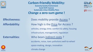 Effectiveness: Does mobility provide Access ?
Affordability: How high is the Price for Access ?
vehicles, energy, time; comfort & safety; housing
infrastructure, management, regulation
Externalities: Who bears indirect costs ?
accidents, noise, toxic pollutions well-to-wheel
space-making, design, innovation
climate change
Carbon-friendly Mobility:
Economy Society Environment
Avoid Shift Improve
Sustainable Urban Mobility Plans
Change a zero-sum game !
 