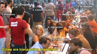 1. Presence
2. Copresence
3. Communication
4. Interaction
5. Transaction
6. Introduction
7. Innovation
8. Broadcast
Cities are transaction machines
 