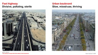 Space Syntax © 2020
@Tim_Stonor
The science of street life & the rebirth of the boulevard
Urban boulevard
Slow, mixed-use, thriving
Fast highway
Divisive, polluting, sterile
 
