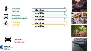 Increase
walking Outdoor
mobility
Increase
public transport
Outdoor
mobility
Increase
cycling
Outdoor
mobility
Reduce
car driving
NTNU
Helge
Hillnhütter
 