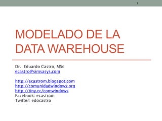 1




MODELADO DE LA
DATA WAREHOUSE
Dr. Eduardo Castro, MSc
ecastro@simsasys.com

http://ecastrom.blogspot.com
http://comunidadwindows.org
http://tiny.cc/comwindows
Facebook: ecastrom
Twitter: edocastro
 