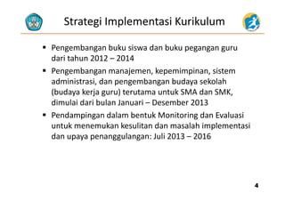 Strategi Implementasi Kurikulum 
 Pengembangan buku siswa dan buku pegangan guru 
dari tahun 2012 – 2014
 Pengembangan manajemen, kepemimpinan, sistem 
administrasi, dan pengembangan budaya sekolah 
(budaya kerja guru) terutama untuk SMA dan SMK, 
di l i d i b l J i D b 2013dimulai dari bulan Januari – Desember 2013 
 Pendampingan dalam bentuk Monitoring dan Evaluasi 
k k k li d l h i l iuntuk menemukan kesulitan dan masalah implementasi 
dan upaya penanggulangan: Juli 2013 – 2016
44
 