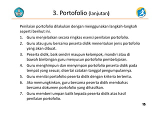 3. Portofolio (lanjutan)
Penilaian portofolio dilakukan dengan menggunakan langkah‐langkah 
seperti berikut iniseperti berikut ini.
1. Guru menjelaskan secara ringkas esensi penilaian portofolio.
2 Guru atau guru bersama peserta didik menentukan jenis portofolio2. Guru atau guru bersama peserta didik menentukan jenis portofolio
yang akan dibuat. 
3. Peserta didik, baik sendiri maupun kelompok, mandiri atau di 
bawah bimbingan guru menyusun portofolio pembelajaran.
4. Guru menghimpun dan menyimpan portofolio peserta didik pada 
i di i l ltempat yang sesuai, disertai catatan tanggal pengumpulannya.
5. Guru menilai portofolio peserta didik dengan kriteria tertentu.
6 Jika memungkinkan guru bersama peserta didik membahas6. Jika memungkinkan, guru bersama peserta didik membahas 
bersama dokumen portofolio yang dihasilkan.
7. Guru memberi umpan balik kepada peserta didik atas hasil p p p
penilaian portofolio.
1515
 