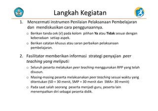Langkah Kegiatan
1. Mencermati instrumen Penilaian Pelaksanaan Pembelajaran 
dan  mendiskusikan cara penggunaannya.
o Berikan tanda cek (√) pada kolom pilihan Ya atau Tidak sesuai dengan
keberadaan setiap aspek.
o Berikan catatan khusus atau saran perbaikan pelaksanaano Berikan catatan khusus atau saran perbaikan pelaksanaan
pembelajaran.
2 Fasilitator memberikan informasi strategi penyajian peer2. Fasilitator memberikan informasi  strategi penyajian  peer 
teaching yang meliputi: 
o Seluruh peserta melakukan peer teaching menggunakan RPP yang telaho Seluruh peserta melakukan peer teaching menggunakan RPP yang telah
disusun.
o Masing‐masing peserta melaksanakan peer teaching sesuai waktu yang 
di k (SD 30 i SMP 30 i d SMA 30 i )ditentukan (SD = 30 menit, SMP = 30 menit dan SMA= 30 menit)
o Pada saat salah seorang peserta menjadi guru, peserta lain 
menempatkan diri sebagai peserta didik.p g p
 