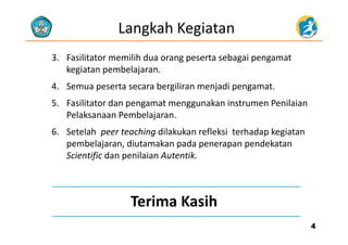 Langkah Kegiatan
3. Fasilitator memilih dua orang peserta sebagai pengamat 
k i t b l jkegiatan pembelajaran.
4. Semua peserta secara bergiliran menjadi pengamat.
5. Fasilitator dan pengamat menggunakan instrumen Penilaian
Pelaksanaan Pembelajaran.
6. Setelah  peer teaching dilakukan refleksi  terhadap kegiatan 
pembelajaran, diutamakan pada penerapan pendekatan   
Scientific dan penilaian Autentik.
Terima Kasih
44
Terima Kasih
 
