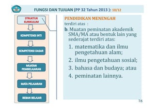 FUNGSI DAN TUJUAN (PP 32 Tahun 2013 ): 10/12
PENDIDIKAN MENENGAHPENDIDIKAN MENENGAH 
terdiri atas  : 
b Muatan peminatan akademikb. Muatan peminatan akademik 
SMA/MA atau bentuk lain yang 
sederajat terdiri atas: 
1. matematika dan ilmu 
pengetahuan alam; p g ;
2. ilmu pengetahuan sosial; 
3 b h d b d t3. bahasa dan budaya; atau
4. peminatan lainnya. 
78
 