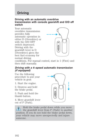 Driving 
Driving with an automatic overdrive 
transmission with console gearshift and O/D off 
switch 
Your automatic 
overdrive transmission 
provides fully 
automatic operation in 
either D (Overdrive) or 
with the O/D OFF 
switch depressed. 
Driving with the 
gearshift lever in D 
(Overdrive) gives the 
best fuel economy for 
normal driving 
conditions. For manual control, start in 1 (First) and 
then shift manually. 
Driving with a 4–speed automatic transmission 
(if equipped) 
Use the following 
procedure to put your 
vehicle in gear. 
1. Start the engine. 
2. Depress and hold 
the brake pedal. 
3. Push and hold the 
thumb button. 
4. Move gearshift lever 
out of P (Park). 
Hold the brake pedal down while you move 
the gearshift lever from P (Park) to another 
position. If you do not hold the brake pedal down, 
your vehicle may move unexpectedly and injure 
someone. 
102 
 