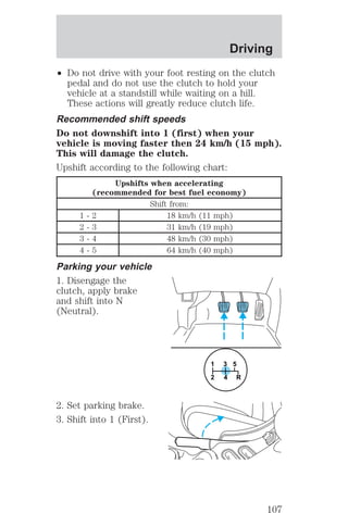 Driving 
² Do not drive with your foot resting on the clutch 
pedal and do not use the clutch to hold your 
vehicle at a standstill while waiting on a hill. 
These actions will greatly reduce clutch life. 
Recommended shift speeds 
Do not downshift into 1 (first) when your 
vehicle is moving faster then 24 km/h (15 mph). 
This will damage the clutch. 
Upshift according to the following chart: 
Upshifts when accelerating 
(recommended for best fuel economy) 
Shift from: 
1 - 2 18 km/h (11 mph) 
2 - 3 31 km/h (19 mph) 
3 - 4 48 km/h (30 mph) 
4 - 5 64 km/h (40 mph) 
Parking your vehicle 
1. Disengage the 
clutch, apply brake 
and shift into N 
(Neutral). 
2. Set parking brake. 
3. Shift into 1 (First). 
1 
3 5 
2 4 R 
107 
 
