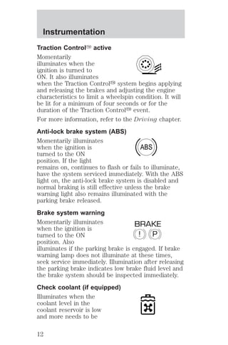 Traction ControlY active 
Momentarily 
illuminates when the 
ignition is turned to 
ON. It also illuminates 
when the Traction Controly system begins applying 
and releasing the brakes and adjusting the engine 
characteristics to limit a wheelspin condition. It will 
be lit for a minimum of four seconds or for the 
duration of the Traction Controly event. 
For more information, refer to the Driving chapter. 
Anti-lock brake system (ABS) 
Momentarily illuminates 
when the ignition is 
ABS 
turned to the ON 
position. If the light 
remains on, continues to flash or fails to illuminate, 
have the system serviced immediately. With the ABS 
light on, the anti-lock brake system is disabled and 
normal braking is still effective unless the brake 
warning light also remains illuminated with the 
parking brake released. 
Brake system warning 
Momentarily illuminates 
BRAKE 
when the ignition is 
turned to the ON 
! P 
position. Also 
illuminates if the parking brake is engaged. If brake 
warning lamp does not illuminate at these times, 
seek service immediately. Illumination after releasing 
the parking brake indicates low brake fluid level and 
the brake system should be inspected immediately. 
Check coolant (if equipped) 
Illuminates when the 
coolant level in the 
coolant reservoir is low 
and more needs to be 
Instrumentation 
12 
 