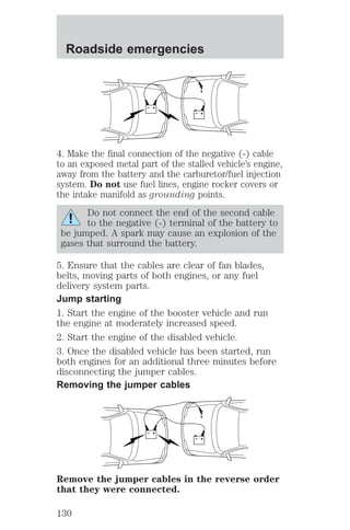 Roadside emergencies 
+ 
– 
+ 
– 
4. Make the final connection of the negative (-) cable 
to an exposed metal part of the stalled vehicle’s engine, 
away from the battery and the carburetor/fuel injection 
system. Do not use fuel lines, engine rocker covers or 
the intake manifold as grounding points. 
Do not connect the end of the second cable 
to the negative (-) terminal of the battery to 
be jumped. A spark may cause an explosion of the 
gases that surround the battery. 
5. Ensure that the cables are clear of fan blades, 
belts, moving parts of both engines, or any fuel 
delivery system parts. 
Jump starting 
1. Start the engine of the booster vehicle and run 
the engine at moderately increased speed. 
2. Start the engine of the disabled vehicle. 
3. Once the disabled vehicle has been started, run 
both engines for an additional three minutes before 
disconnecting the jumper cables. 
Removing the jumper cables 
+ 
– 
+ 
– 
Remove the jumper cables in the reverse order 
that they were connected. 
130 
 
