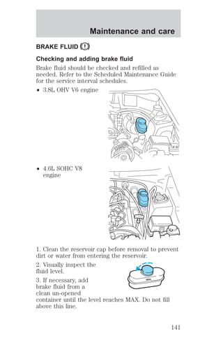 Maintenance and care 
BRAKE FLUID 
Checking and adding brake fluid 
Brake fluid should be checked and refilled as 
needed. Refer to the Scheduled Maintenance Guide 
for the service interval schedules. 
² 3.8L OHV V6 engine 
² 4.6L SOHC V8 
engine 
1. Clean the reservoir cap before removal to prevent 
dirt or water from entering the reservoir. 
2. Visually inspect the 
fluid level. 
3. If necessary, add 
MAX 
brake fluid from a 
clean un-opened 
container until the level reaches MAX. Do not fill 
above this line. 
141 
 