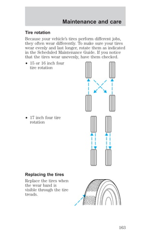 Maintenance and care 
Tire rotation 
Because your vehicle’s tires perform different jobs, 
they often wear differently. To make sure your tires 
wear evenly and last longer, rotate them as indicated 
in the Scheduled Maintenance Guide. If you notice 
that the tires wear unevenly, have them checked. 
² 15 or 16 inch four 
tire rotation 
² 17 inch four tire 
rotation 
Replacing the tires 
Replace the tires when 
the wear band is 
visible through the tire 
treads. 
163 
 