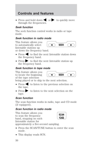 ² Press and hold down or to quickly move 
through the frequencies. 
Seek function 
The seek function control works in radio or tape 
mode. 
Seek function in radio mode 
This feature allows you 
to automatically select 
listenable stations up 
or down the frequency band. 
² Press to find the next listenable station down 
the frequency band. 
² Press to find the next listenable station up 
the frequency band. 
Seek function in tape mode 
This feature allows you 
to locate the beginning 
of the tape selection 
being played or to skip to the next selection. 
² Press to listen to the previous selection on 
the tape. 
² Press to listen to the next selection on the 
tape. 
Scan function 
The scan function works in radio, tape and CD mode 
(if equipped). 
Scan function in radio mode 
This feature allows you 
to scan the frequency 
band, stopping on each 
listenable station for 
approximately a five-second sampling. 
² Press the SCAN/TUNE button to enter the scan 
mode. 
² This display reads SCN. 
SEEK 
SEEK 
SCAN 
TUNE 
Controls and features 
30 
 