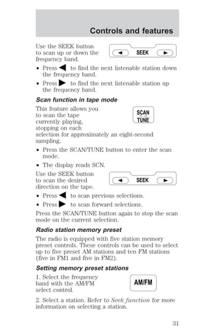 Controls and features 
Use the SEEK button 
to scan up or down the 
frequency band. 
² Press to find the next listenable station down 
the frequency band. 
SEEK 
² Press to find the next listenable station up 
the frequency band. 
Scan function in tape mode 
This feature allows you 
to scan the tape 
currently playing, 
stopping on each 
selection for approximately an eight-second 
sampling. 
² Press the SCAN/TUNE button to enter the scan 
mode. 
SCAN 
TUNE 
² The display reads SCN. 
Use the SEEK button 
to scan the desired 
SEEK 
direction on the tape. 
² Press to scan previous selections. 
² Press to scan forward selections. 
Press the SCAN/TUNE button again to stop the scan 
mode on the current selection. 
Radio station memory preset 
The radio is equipped with five station memory 
preset controls. These controls can be used to select 
up to five preset AM stations and ten FM stations 
(five in FM1 and five in FM2). 
Setting memory preset stations 
1. Select the frequency 
band with the AM/FM 
AM/FM 
select control. 
2. Select a station. Refer to Seek function for more 
information on selecting a station. 
31 
 