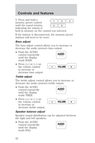 3. Press and hold a 
memory preset control 
until the sound returns, 
indicating the station is 
held in memory on the control you selected. 
If the battery is disconnected, the memory preset 
stations will need to be reset. 
Bass adjust 
The bass adjust control allows you to increase or 
decrease the audio system’s bass output. 
² Push the AUDIO 
control repeatedly 
until the display 
reads BASS. 
² Press (+) or (−) on 
the volume control 
to increase or 
decrease bass output. 
Treble adjust 
The treble adjust control allows you to increase or 
decrease the audio system’s treble output. 
² Push the AUDIO 
control repeatedly 
until the display 
reads TREB. 
² Press (+) or (−) on 
the volume control 
to increase or 
decrease treble output. 
Speaker balance adjust 
Speaker sound distribution can be adjusted between 
the right and left speakers. 
² Push the AUDIO 
control repeatedly 
until the display 
reads BAL. 
1 2 3 
4 5 
AUDIO 
VOLUME 
AUDIO 
VOLUME 
AUDIO 
Controls and features 
32 
 