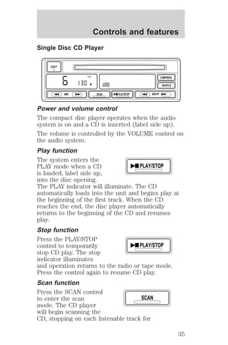 Controls and features 
Single Disc CD Player 
EJECT 
DISC COMPRESS 
AMS SCAN PLAY/STOP REV/FF 
SHUFFLE 
Power and volume control 
The compact disc player operates when the audio 
system is on and a CD is inserted (label side up). 
The volume is controlled by the VOLUME control on 
the audio system. 
Play function 
The system enters the 
PLAY mode when a CD 
PLAY/STOP 
is loaded, label side up, 
into the disc opening. 
The PLAY indicator will illuminate. The CD 
automatically loads into the unit and begins play at 
the beginning of the first track. When the CD 
reaches the end, the disc player automatically 
returns to the beginning of the CD and resumes 
play. 
Stop function 
Press the PLAY/STOP 
control to temporarily 
PLAY/STOP 
stop CD play. The stop 
indicator illuminates 
and operation returns to the radio or tape mode. 
Press the control again to resume CD play. 
Scan function 
Press the SCAN control 
to enter the scan 
SCAN 
mode. The CD player 
will begin scanning the 
CD, stopping on each listenable track for 
35 
 
