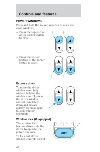 POWER WINDOWS 
Press and hold the rocker switches to open and 
close windows. 
² Press the top portion 
of the rocker switch 
to close. 
² Press the bottom 
portion of the rocker 
switch to open. 
Express down 
To make the driver 
window open fully 
without holding the 
window control, press 
the driver window 
control completely 
down and release 
quickly. Depress again 
to stop window 
operation. 
Window lock (if equipped) 
The window lock 
feature allows only the 
driver to operate the 
power windows. 
To lock out all the 
window controls except 
LOCK 
Controls and features 
46 
 