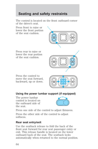 Seating and safety restraints 
The control is located on the front outboard corner 
of the driver’s seat. 
Press front to raise or 
lower the front portion 
of the seat cushion. 
Press rear to raise or 
lower the rear portion 
of the seat cushion. 
Press the control to 
move the seat forward, 
backward, up or down. 
Using the power lumbar support (if equipped) 
The power lumbar 
control is located on 
the outboard side of 
the seat. 
Press one side of the control to adjust firmness. 
Press the other side of the control to adjust 
softness. 
Rear seat entry/exit 
Use the seatback release to fold the back of the 
front seat forward for rear seat passenger entry or 
exit. This release handle is located on the lower 
outboard back of the seat. The seatback locks 
automatically when returned to the normal position. 
64 
 