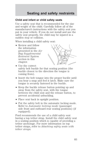 Seating and safety restraints 
Child and infant or child safety seats 
Use a safety seat that is recommended for the size 
and weight of the child. Carefully follow all of the 
manufacturer’s instructions with the safety seat you 
put in your vehicle. If you do not install and use the 
safety seat properly, the child may be injured in a 
sudden stop or collision. 
When installing a child safety seat: 
² Review and follow 
the information 
presented in the Air 
Bag Supplemental 
Restraint System 
section in this 
chapter. 
² Use the correct 
safety belt buckle for that seating position (the 
buckle closest to the direction the tongue is 
coming from). 
² Insert the belt tongue into the proper buckle until 
you hear a snap and feel it latch. Make sure the 
tongue is securely fastened in the buckle. 
² Keep the buckle release button pointing up and 
away from the safety seat, with the tongue 
between the child seat and the release button, to 
prevent accidental unbuckling. 
² Place seat back in upright position. 
² Put the safety belt in the automatic locking mode. 
Refer to Automatic locking mode (passenger 
side front and outboard rear seating positions) (if 
equipped). 
Ford recommends the use of a child safety seat 
having a top tether strap. Install the child safety seat 
in a seating position which is capable of providing a 
tether anchorage. For more information on top 
tether straps, refer to Attaching safety seats with 
tether straps. 
83 
 