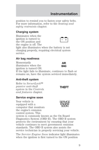 Instrumentation 
position to remind you to fasten your safety belts. 
For more information, refer to the Seating and 
safety restraints chapter. 
Charging system 
Illuminates when the 
ignition is turned to 
the ON position and 
the engine is off. The 
light also illuminates when the battery is not 
charging properly, requiring electrical system 
service. 
Air bag readiness 
Momentarily 
AIR 
illuminates when the 
BAG 
ignition is turned ON. 
If the light fails to illuminate, continues to flash or 
remains on, have the system serviced immediately. 
Anti-theft system 
Refer to SecuriLocky 
passive anti-theft 
THEFT 
system in the Controls 
and features chapter. 
Service engine soon 
Your vehicle is 
SERVICE 
equipped with a 
ENGINE 
computer that monitors 
SOON 
the engine’s emission 
control system. This 
system is commonly known as the On Board 
Diagnostics System (OBD II). The OBD II system 
protects the environment by ensuring that your 
vehicle continues to meet government emission 
standards. The OBD II system also assists the 
service technician in properly servicing your vehicle. 
The Service Engine Soon indicator light illuminates 
when the ignition is first turned to the ON position 
9 
 