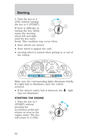 3. Turn the key to 4 
(ON) without turning 
the key to 5 (START). 
If there is difficulty in 
turning the key, firmly 
rotate the steering 
wheel left and right 
until the key turns 
freely. This condition may occur when: 
² front wheels are turned 
² front wheel is against the curb 
² steering wheel is turned when getting in or out of 
the vehicle 
BRAKE 
50 
40 
20 
80 
60 
40 
100 
120 
MPH km/h 
Make sure the corresponding lights illuminate briefly. 
If a light fails to illuminate, have the vehicle 
serviced. 
² If the driver’s safety belt is fastened, the light 
may not illuminate. 
STARTING THE ENGINE 
1. Turn the key to 5 
(START) without 
pressing the 
accelerator pedal and 
release as soon as the 
engine starts. The key 
will return to 4 (ON). 
1 
2 
3 
4 
5 
! P 
L 
0 
0 0 0 0 0 0 0 
C 
E F 
H L H 
10 
60 
80 
20 
100120 140 
160 
180 
200 
220 
240 
140 
30 
70 90 
110 
130 
150 
4 
5 
6 
7 
8 
3 
2 
1 
H 
THEFT 
RPMX1000 
FUEL DOOR 
SELECT/RESET 
LOW 
FUEL 
O/D 
OFF 
AIR 
BAG 
SERVICE 
ENGINE 
SOON 
ABS 
. 
3 
2 
1 
5 
4 
Starting 
92 
 