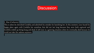 Discussion
5. Rise (Catharsis)
This is when he cherished Cordelia and admitted his mistake for banishing her. In this moment, Lear found his
happy place again with Cordelia but somehow that did not last long because they were both captured and
Cordelia ended up being hung and dead. It left Lear in a grieving situation when he eventually died because he
could not take the sadness anymore.
 