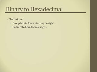 Binary to Hexadecimal
• Technique
  • Group bits in fours, starting on right
  • Convert to hexadecimal digits
 