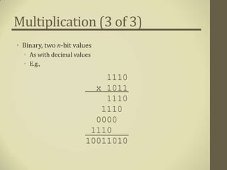 Multiplication (3 of 3)
• Binary, two n-bit values
  • As with decimal values
  • E.g.,

                            1110
                          x 1011
                            1110
                           1110
                          0000
                         1110
                        10011010
 