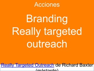 Acciones

Branding
Really targeted outreach
Really Targeted Outreach de Richard Baxter (más tarde)

 