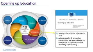 Opening up Education
bit.ly/OpeningUpEd
a) issuing a certificate, diploma or
title
b) acknowledging & accepting
credentials, such as a badge, a
certificate, a diploma or title
issued by a third-party
 