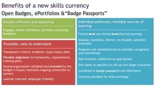 Open Badges, ePortfolios &“Badge Passports”
Benefits of a new skills currency
Visually efficient and appealing
Engages, builds confidence, provides continuing
feedback
Individual pathways, multiple sources of
learning
Formal non-formal informal learning
Modular, stackable, diverse, re-mixable, portable,
shareable
Programs not completed can be partially recognized
and recombined
Add evidence, reflection as appropriate
Drill down to specifics or roll up into larger outcomes
Combined in badge passports and ePortfolios
Common standard for skills exchange
Trustable, easy to understand
Transparent criteria, evidence, issue/expiry date
Flexible alignment to frameworks, requirements,
training plans
Issuing organization validated and branded by the
badges it issues; maintains ongoing connection to
earners
Learner centred, employer friendly
 