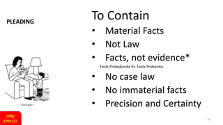 PLEADING
SPRS
AND CO.
28
To Contain
• Material Facts
• Not Law
• Facts, not evidence*
Facts Probabanda Vs. Facts Probantia
• No case law
• No immaterial facts
• Precision and Certainty
 