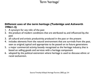 Term ‘heritage’
Source:Timothy & Boyd, Heritage Tourism, 2003, pp. 3-4
Different uses of the term heritage (Tunbridge and ...