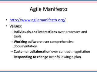 Agile Manifesto
• http://www.agilemanifesto.org/
• Values:
– Individuals and interactions over processes and
tools
– Working software over comprehensive
documentation
– Customer collaboration over contract negotiation
– Responding to change over following a plan
 