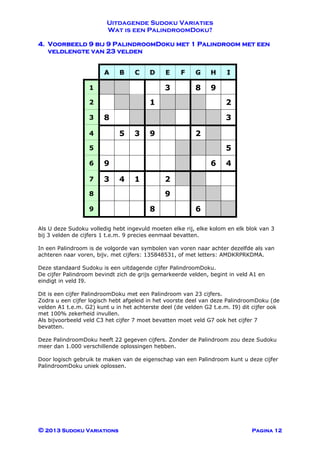 Uitdagende Sudoku Variaties
Wat is een PalindroomDoku?
© 2013 Sudoku Variations Pagina 12
4. Voorbeeld 9 bij 9 PalindroomDoku met 1 Palindroom met een
veldlengte van 23 velden
A B C D E F G H I
1 3 8 9
2 1 2
3 8 3
4 5 3 9 2
5 5
6 9 6 4
7 3 4 1 2
8 9
9 8 6
Als U deze Sudoku volledig hebt ingevuld moeten elke rij, elke kolom en elk blok van 3
bij 3 velden de cijfers 1 t.e.m. 9 precies eenmaal bevatten.
In een Palindroom is de volgorde van symbolen van voren naar achter dezelfde als van
achteren naar voren, bijv. met cijfers: 135848531, of met letters: AMDKRPRKDMA.
Deze standaard Sudoku is een uitdagende cijfer PalindroomDoku.
De cijfer Palindroom bevindt zich de grijs gemarkeerde velden, begint in veld A1 en
eindigt in veld I9.
Dit is een cijfer PalindroomDoku met een Palindroom van 23 cijfers.
Zodra u een cijfer logisch hebt afgeleid in het voorste deel van deze PalindroomDoku (de
velden A1 t.e.m. G2) kunt u in het achterste deel (de velden G2 t.e.m. I9) dit cijfer ook
met 100% zekerheid invullen.
Als bijvoorbeeld veld C3 het cijfer 7 moet bevatten moet veld G7 ook het cijfer 7
bevatten.
Deze PalindroomDoku heeft 22 gegeven cijfers. Zonder de Palindroom zou deze Sudoku
meer dan 1.000 verschillende oplossingen hebben.
Door logisch gebruik te maken van de eigenschap van een Palindroom kunt u deze cijfer
PalindroomDoku uniek oplossen.
 