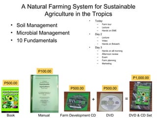 A Natural Farming System for Sustainable
                  Agriculture in the Tropics
                                        •       Today
   • Soil Management                             –
                                                 –
                                                        Farm tour
                                                        Lecture
                                                 –      Hands on EME
   • Microbial Management               •       Day 2
                                                 –      Lecture
   • 10 Fundamentals                             –
                                                 –
                                                        Video
                                                        Hands on Bokashi
                                        •       Day 3
                                                 –      Hands on all morning
                                                 –      Afternoon review
                                                 –      Exam
                                                 –      Farm planning
                                                 –      Marketing


               P100.00
                                                                                     P1,000.00
P500.00
                              P500.00                    P500.00


                                            +                                  =


 Book          Manual    Farm Development CD                DVD                    DVD & CD Set
 