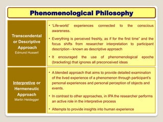 Phenomenological Philosophy
Transcendental
or Descriptive
Approach
Edmund Husserl
• ‘Life-world’ experiences connected to the conscious
awareness.
• Everything is perceived freshly, as if for the first time” and the
focus shifts from researcher interpretation to participant
description - known as descriptive approach
• It encouraged the use of phenomenological epoche
(bracketing) that ignores all preconceived ideas
Interpretive or
Hermeneutic
Approach
Martin Heidegger
• A blended approach that aims to provide detailed examination
of the lived experience of a phenomenon through participant’s
personal experiences and personal perception of objects and
events.
• In contrast to other approaches, in IPA the researcher performs
an active role in the interpretive process
• Attempts to provide insights into human experience
 