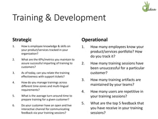 Training & Development
Strategic
1. How is employee knowledge & skills on
your product/services tracked in your
organization?
2. What are the KPIs/metrics you maintain to
assure successful imparting of training to
customers?
3. As of today, can you relate the training
effectiveness with support tickets?
4. How do you manage trainings across
different time-zones and multi-lingual
requirements?
5. What is the average turn-around-time to
prepare training for a given customer?
6. Do your customer have an open and live
interactive channel for communicating
feedback via your training sessions?
Operational
1. How many employees know your
product/services portfolio? How
do you track it?
2. How many training sessions have
been unsuccessful for a particular
customer?
3. How many training artifacts are
maintained by your teams?
4. How many users are repetitive in
your training sessions?
5. What are the top 5 feedback that
you have receive in your training
sessions?
 
