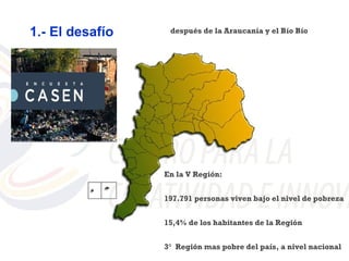 1.- El desafío    después de la Araucanía y el Bío Bío




                 En la V Región:


                 197.791 personas viven bajo el nivel de pobreza


                 15,4% de los habitantes de la Región


                 3° Región mas pobre del país, a nivel nacional
 