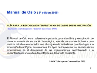 Manual de Oslo ( 3ª edition 2005)


GUÍA PARA LA RECOGIDA E INTERPRETACIÓN DE DATOS SOBRE INNOVACIÓN
Organización para la Cooperación y Desarrollo Económicos - OCDE




El Manual de Oslo es un referente importante para el análisis y recopilación de
datos en materia de innovación tecnológica, además de una fuente básica para
realizar estudios relacionados con el conjunto de actividades que dan lugar a la
innovación tecnológica, sus alcances, los tipos de innovación y el impacto de las
innovaciones en el desempeño de las organizaciones, contribuyendo a la
implantación de una cultura tecnológica en desarrollo constante.


                                                    © OECD/European Communities, 2005


                                                                                        7
 