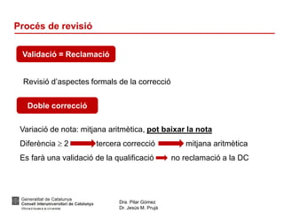 Dra. Pilar Gómez
Dr. Jesús M. Prujà
Procés de revisió
Validació = Reclamació
Doble correcció
Variació de nota: mitjana aritmètica, pot baixar la nota
Diferència  2 tercera correcció mitjana aritmètica
Es farà una validació de la qualificació no reclamació a la DC
Revisió d’aspectes formals de la correcció
 