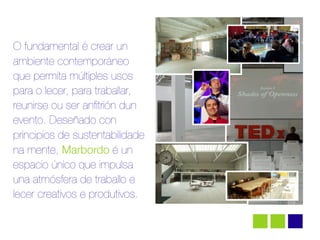 !   !




O fundamental é crear un
ambiente contemporáneo
                                 !
que permita múltiples usos
para o lecer, para traballar,
reunirse ou ser anﬁtrión dun
evento. Deseñado con
principios de sustentabilidade
na mente, Marbordo é un
espacio único que impulsa            !

una atmósfera de traballo e
lecer creativos e produtivos.
 