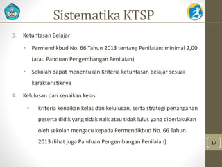 Sistematika KTSP 
3. Ketuntasan Belajar 
• Permendikbud No. 66 Tahun 2013 tentang Penilaian: minimal 2,00 
(atau Panduan Pengembangan Penilaian) 
• Sekolah dapat menentukan Kriteria ketuntasan belajar sesuai 
karakteristiknya 
4. Kelulusan dan kenaikan kelas. 
• kriteria kenaikan kelas dan kelulusan, serta strategi penanganan 
peserta didik yang tidak naik atau tidak lulus yang diberlakukan 
oleh sekolah mengacu kepada Permendikbud No. 66 Tahun 
2013 (lihat juga Panduan Pengembangan Penilaian) 17 
 