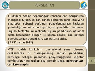5 
PENGERTIAN 
Kurikulum adalah seperangkat rencana dan pengaturan 
mengenai tujuan, isi dan bahan pelajaran serta cara yang 
digunakan sebagai pedoman penyelenggaraan kegiatan 
pembelajaran untuk mencapai tujuan pendidikan tertentu. 
Tujuan tertentu ini meliputi tujuan pendidikan nasional 
serta kesesuaian dengan kekhasan, kondisi dan potensi 
daerah, satuan pendidikan, dan peserta didik. 
( PP.32 tahun 2013) 
KTSP adalah kurikulum operasional yang disusun, 
dilaksanakan di masing-masing satuan pendidikan, 
berfungsi sebagai pedoman penyelenggaraan kegiatan 
pembelajaran mencakup tiga domain sikap, pengetahuan, 
dan keterampilan 
 