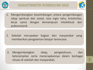 7 
1. Mengembangkan keseimbangan antara pengembangan 
sikap spiritual dan sosial, rasa ingin tahu, kreativitas, 
kerja sama dengan kemampuan intelektual dan 
psikomotorik 
2. Sekolah merupakan bagian dari masyarakat yang 
memberikan pengalaman belajar terencana. 
3. Mengembangkan sikap, pengetahuan, dan 
keterampilan serta menerapkannya dalam berbagai 
situasi di sekolah dan masyarakat; 
 
