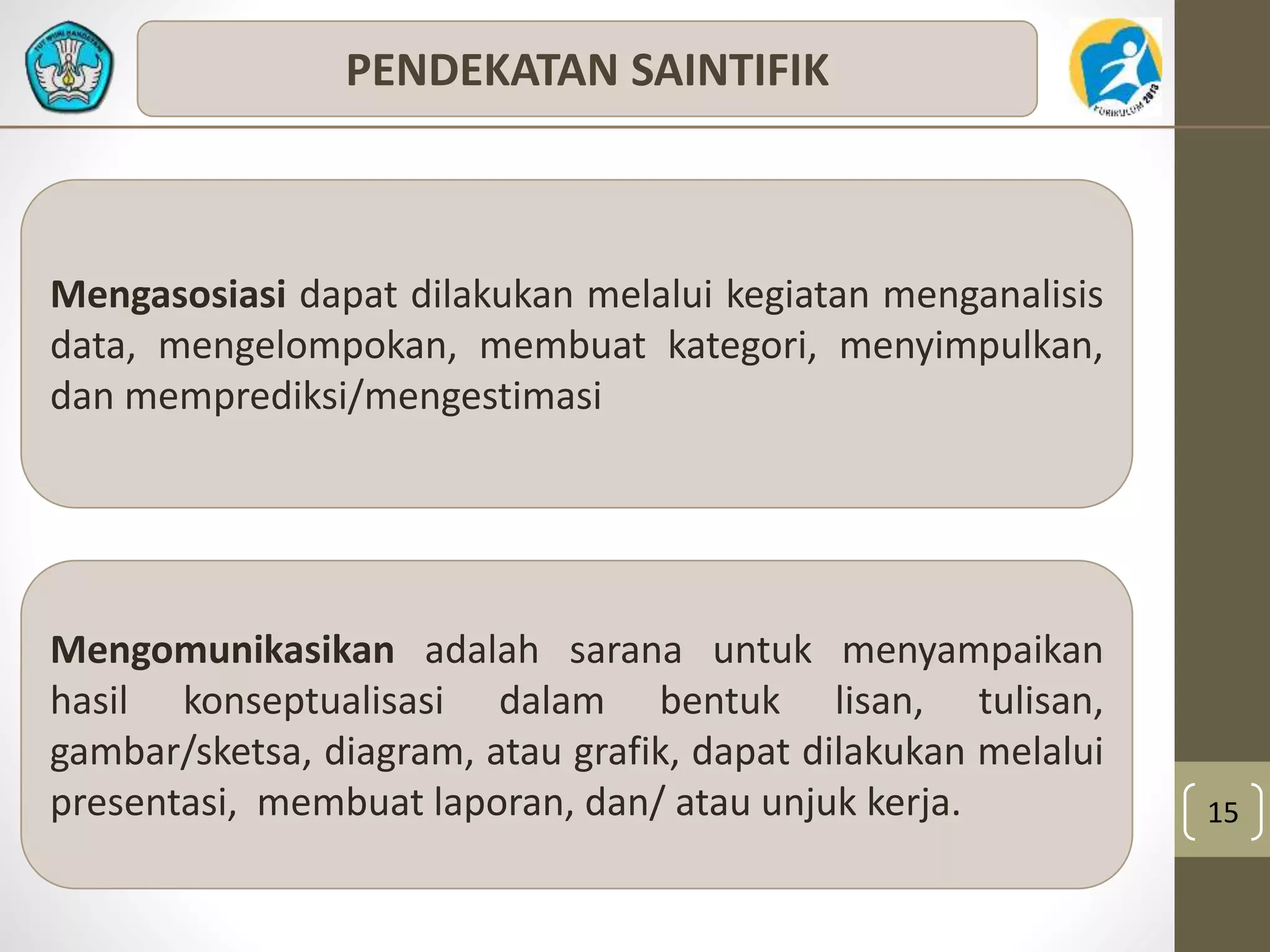 15 
PENDEKATAN SAINTIFIK 
Mengasosiasi dapat dilakukan melalui kegiatan menganalisis 
data, mengelompokan, membuat kategori, menyimpulkan, 
dan memprediksi/mengestimasi 
Mengomunikasikan adalah sarana untuk menyampaikan 
hasil konseptualisasi dalam bentuk lisan, tulisan, 
gambar/sketsa, diagram, atau grafik, dapat dilakukan melalui 
presentasi, membuat laporan, dan/ atau unjuk kerja. 
 