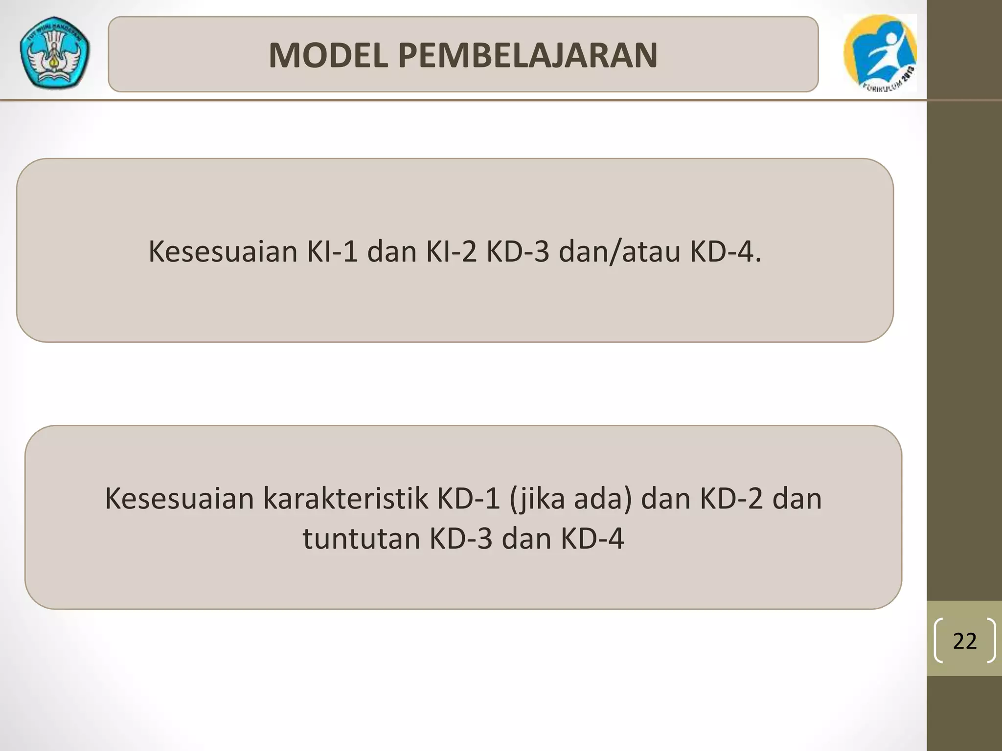 22 
MODEL PEMBELAJARAN 
Kesesuaian KI-1 dan KI-2 KD-3 dan/atau KD-4. 
Kesesuaian karakteristik KD-1 (jika ada) dan KD-2 dan 
tuntutan KD-3 dan KD-4 
 